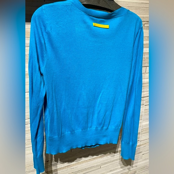 Moth Anthropologie drape front blue cardigan with brass buttons size large - Picture 2 of 6